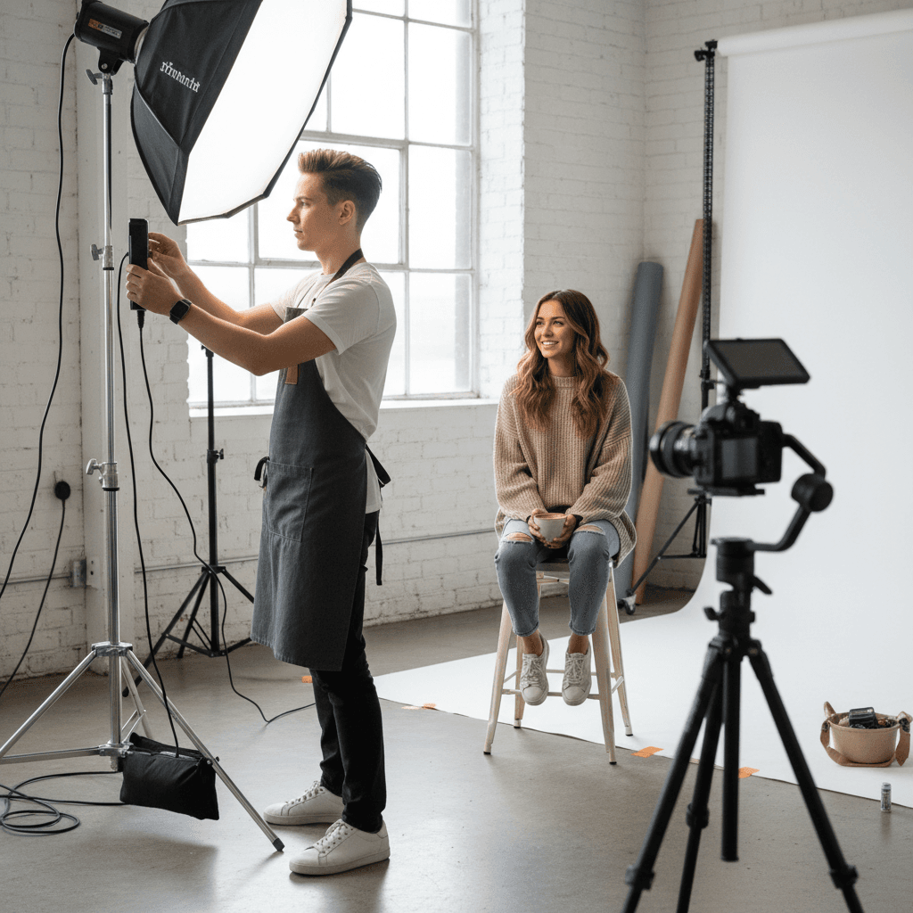 Studio session in progress with professional lighting setup