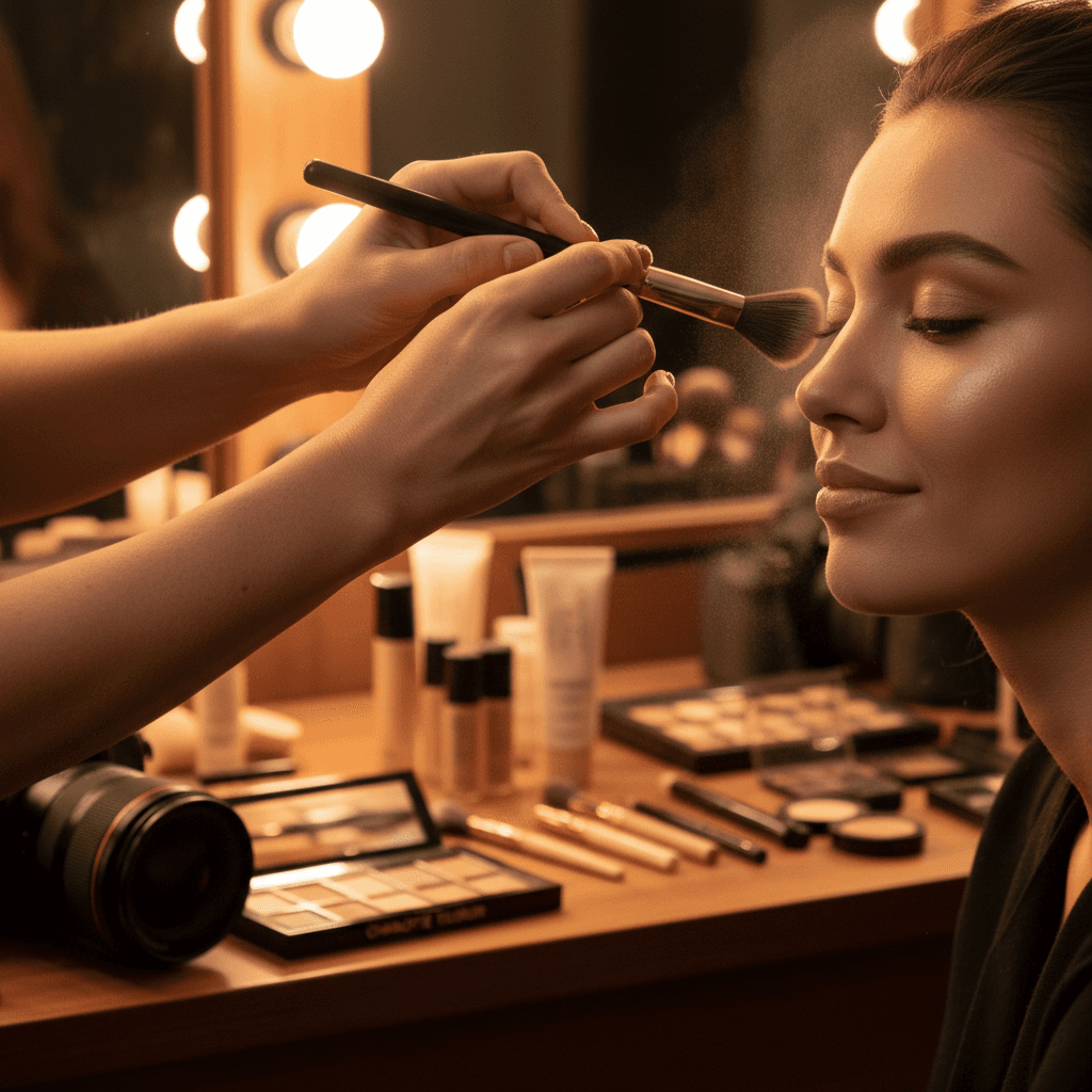 Behind-the-scenes professional styling and makeup detail