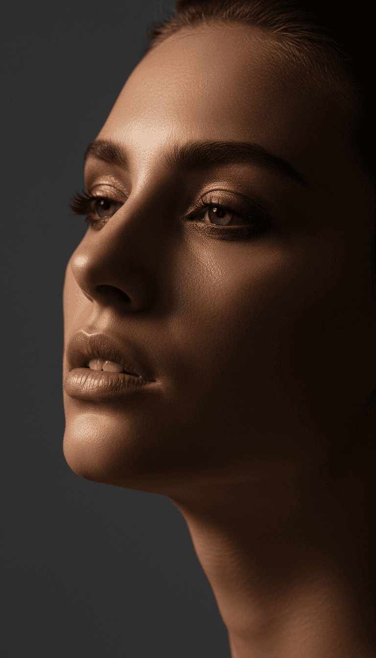 Model during editorial fashion shoot with dramatic studio lighting