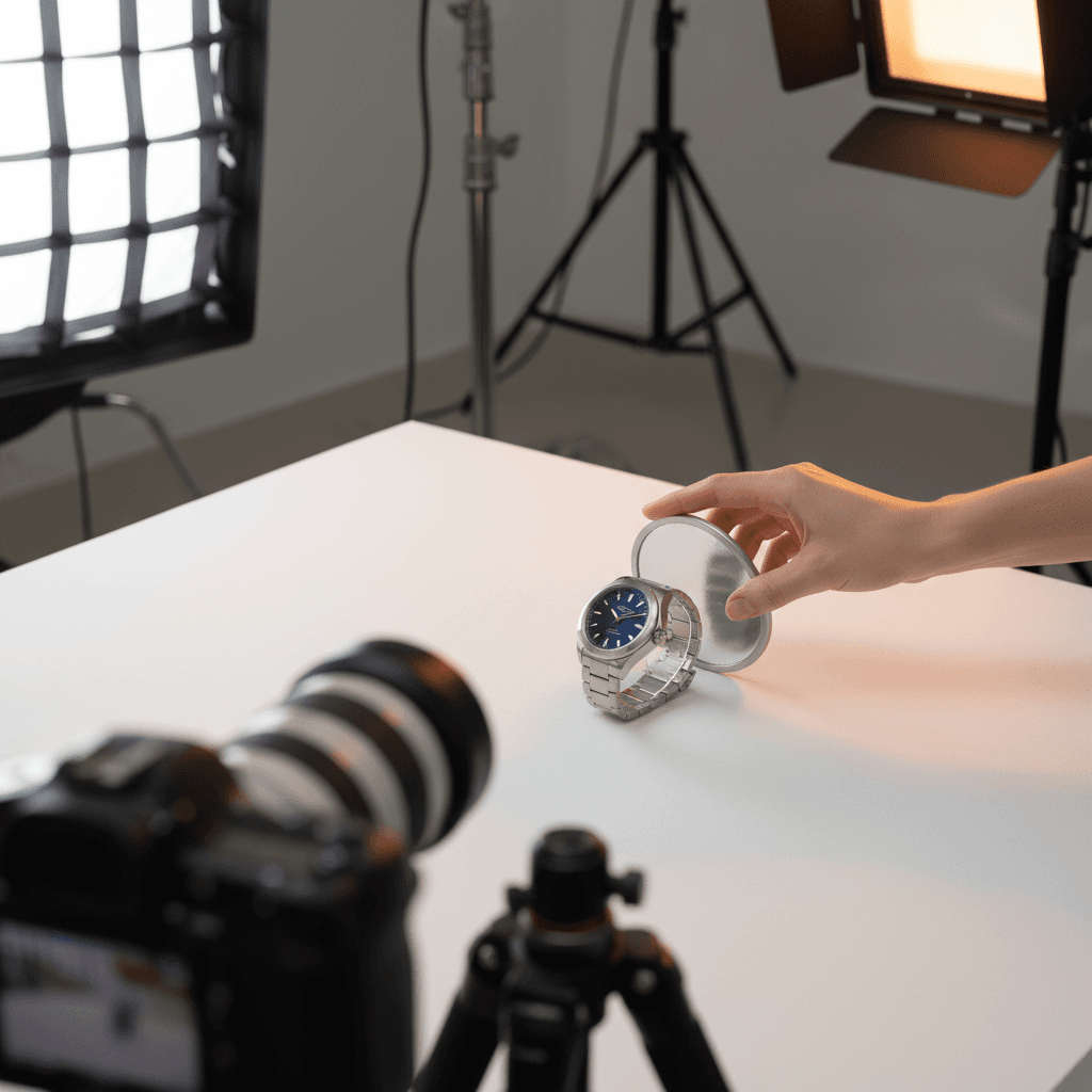 Commercial product photography setup with precise lighting