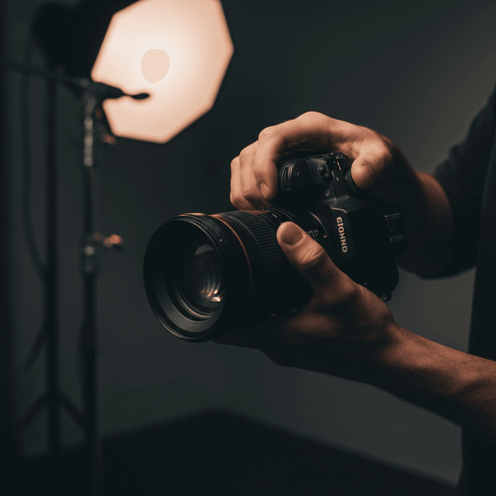 Photographer adjusting camera lens with precision lighting