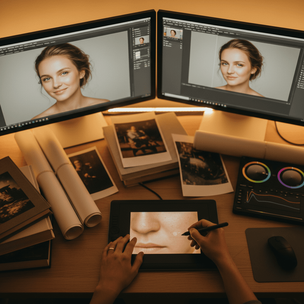 Post-production retouching work on portrait images