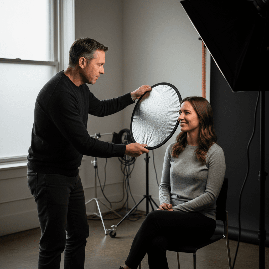 Photographer directing client during portrait session