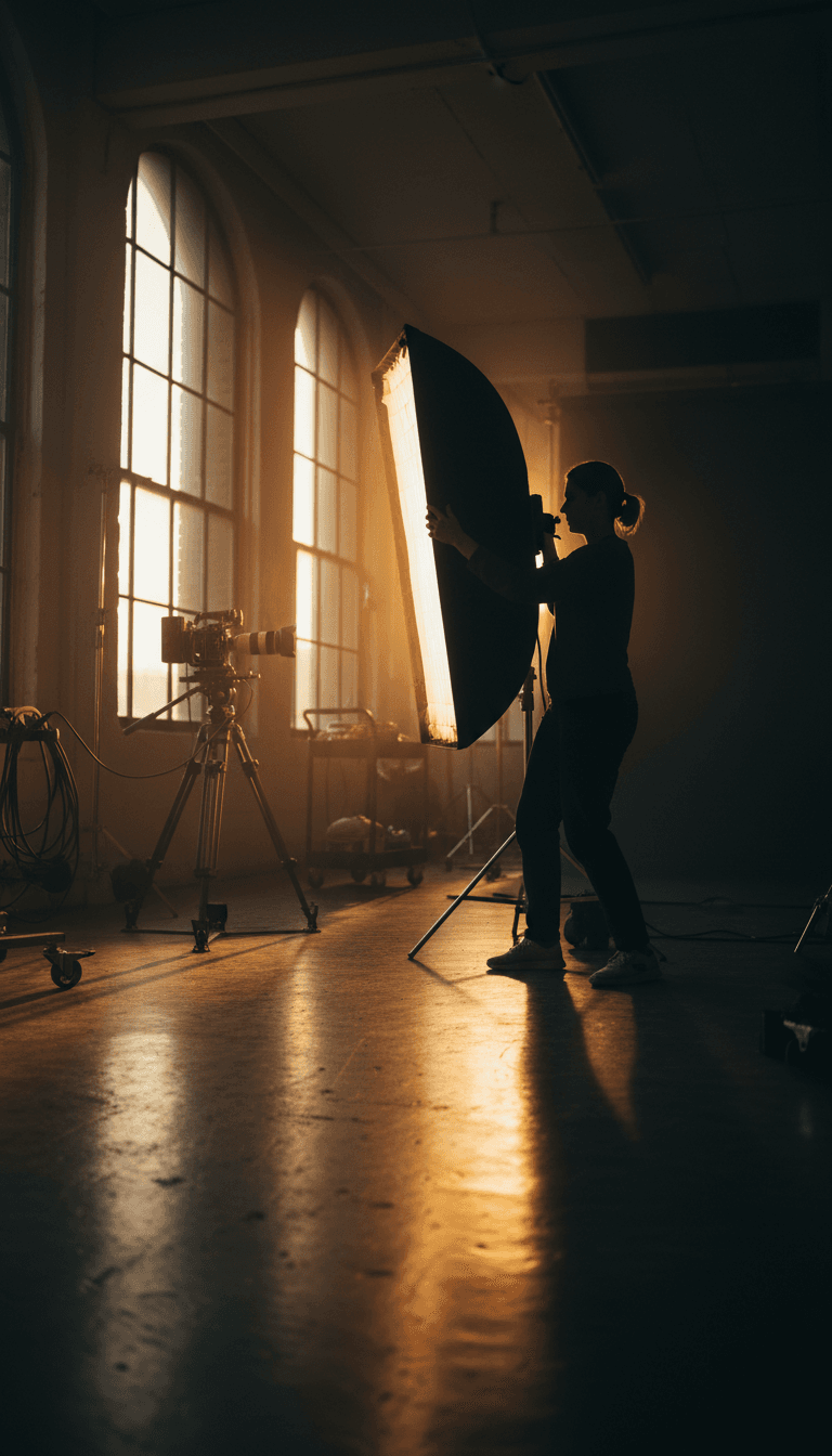 Photographer adjusting professional studio lighting with precision