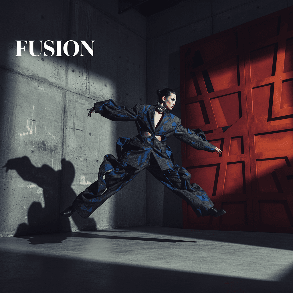 Editorial fashion shoot with dramatic lighting and composition