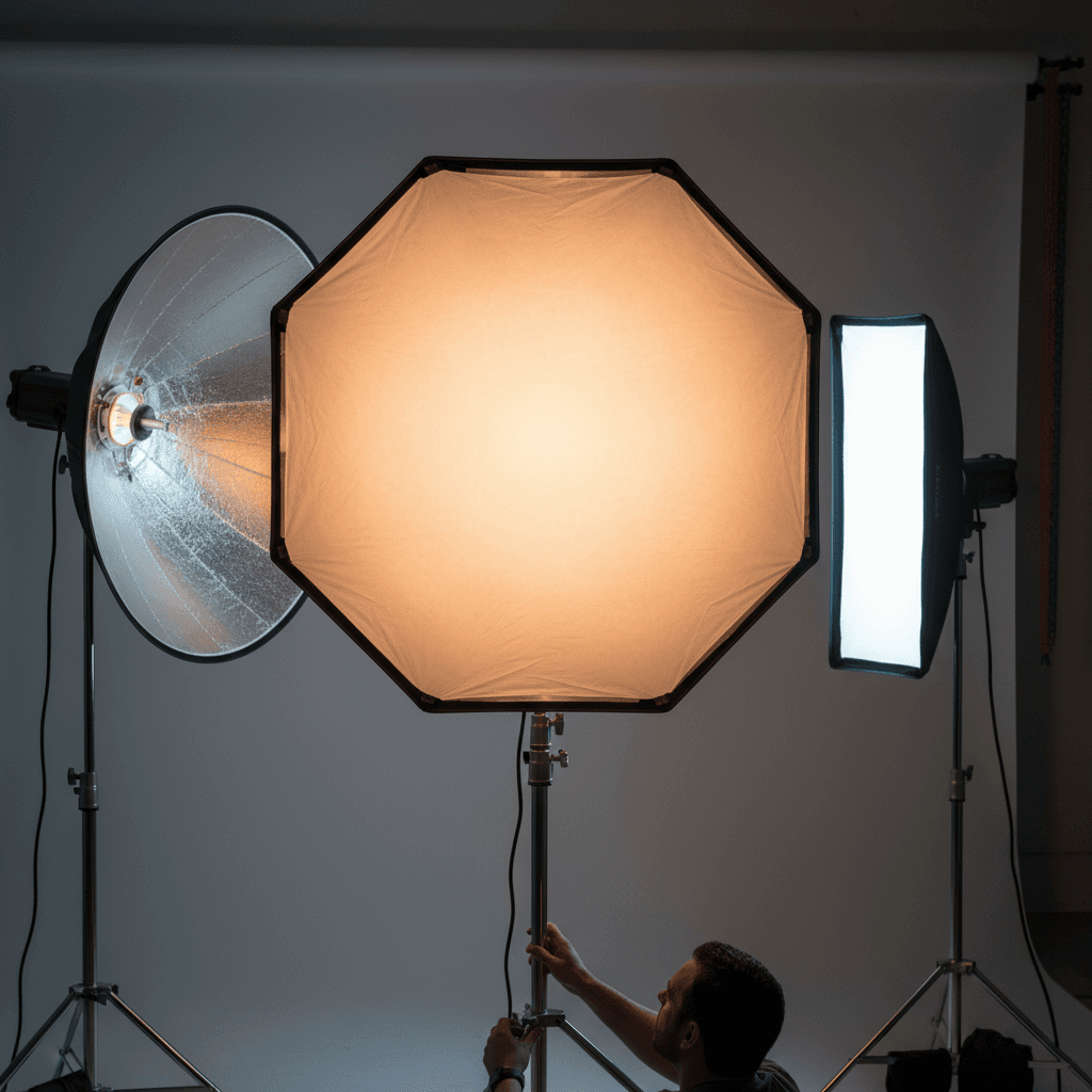 Professional three-point lighting setup in studio