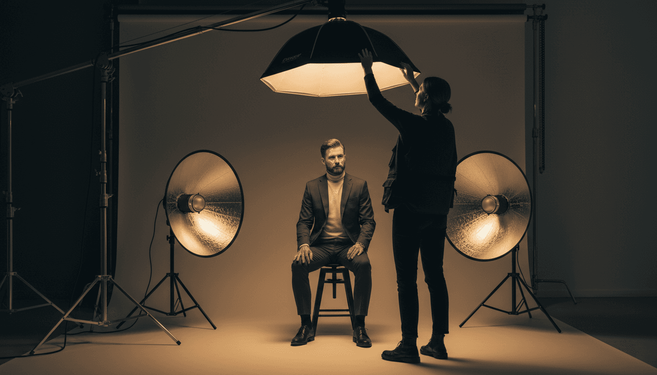 Photographer adjusting studio lighting setup in professional photography studio