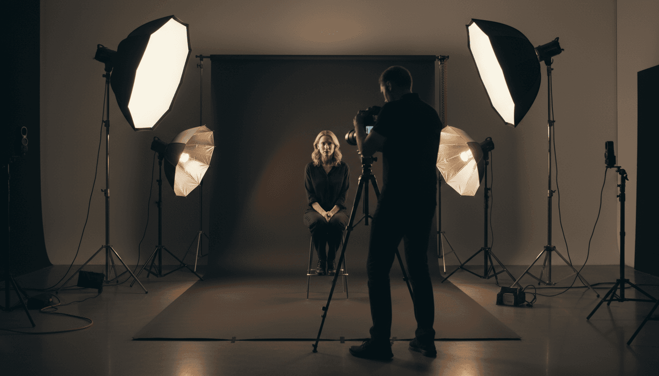 Professional photographer adjusting lights during a studio portrait session
